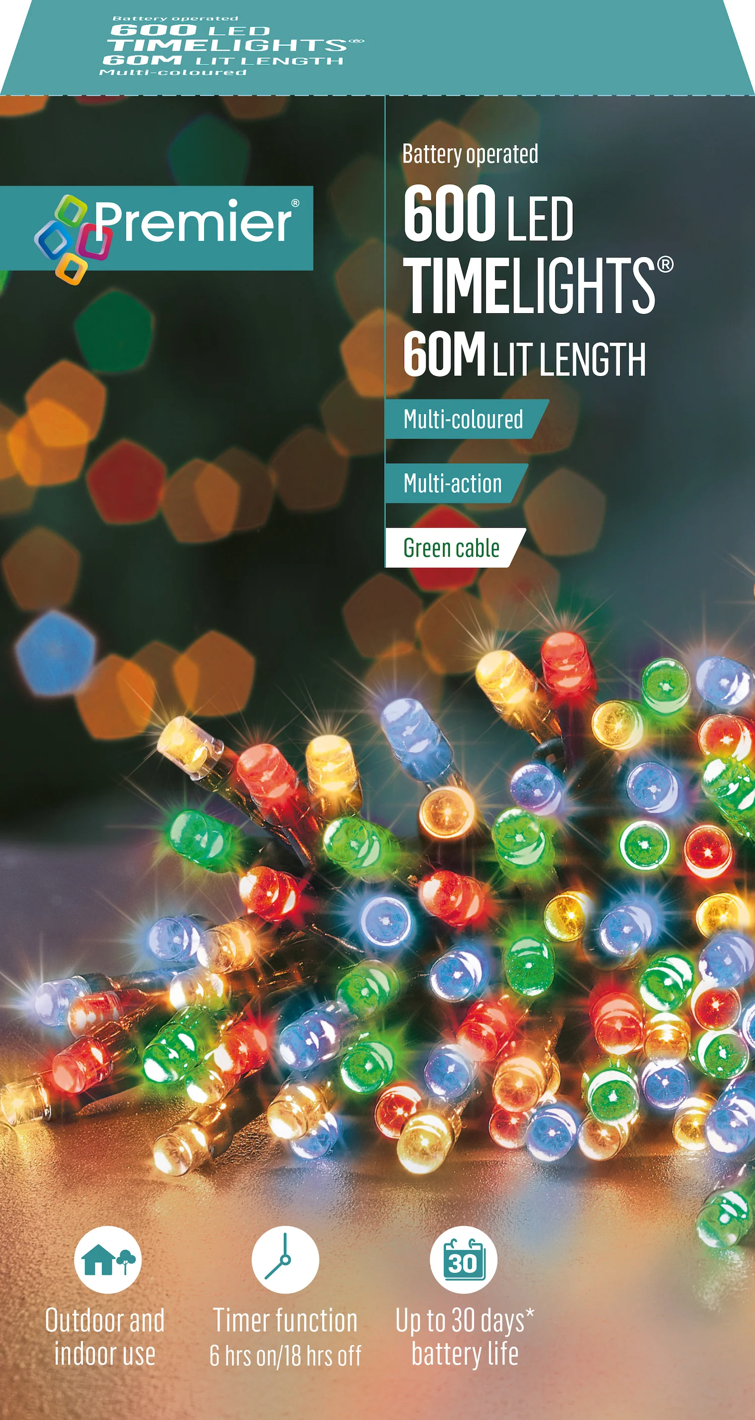 Battery Operated Multi Action Multi Coloured LED Timelights Green Cable - Image 6