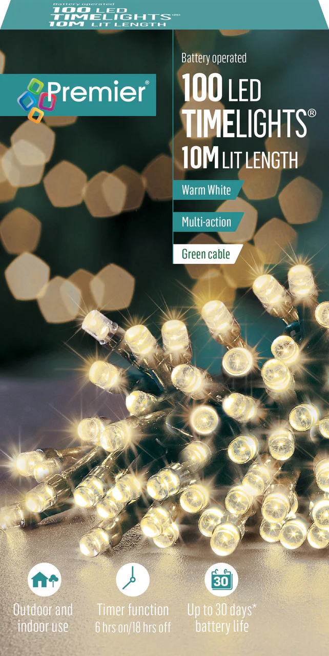 Battery Operated Multi Action Warm White LED String Time Lights Green Cable - Image 3