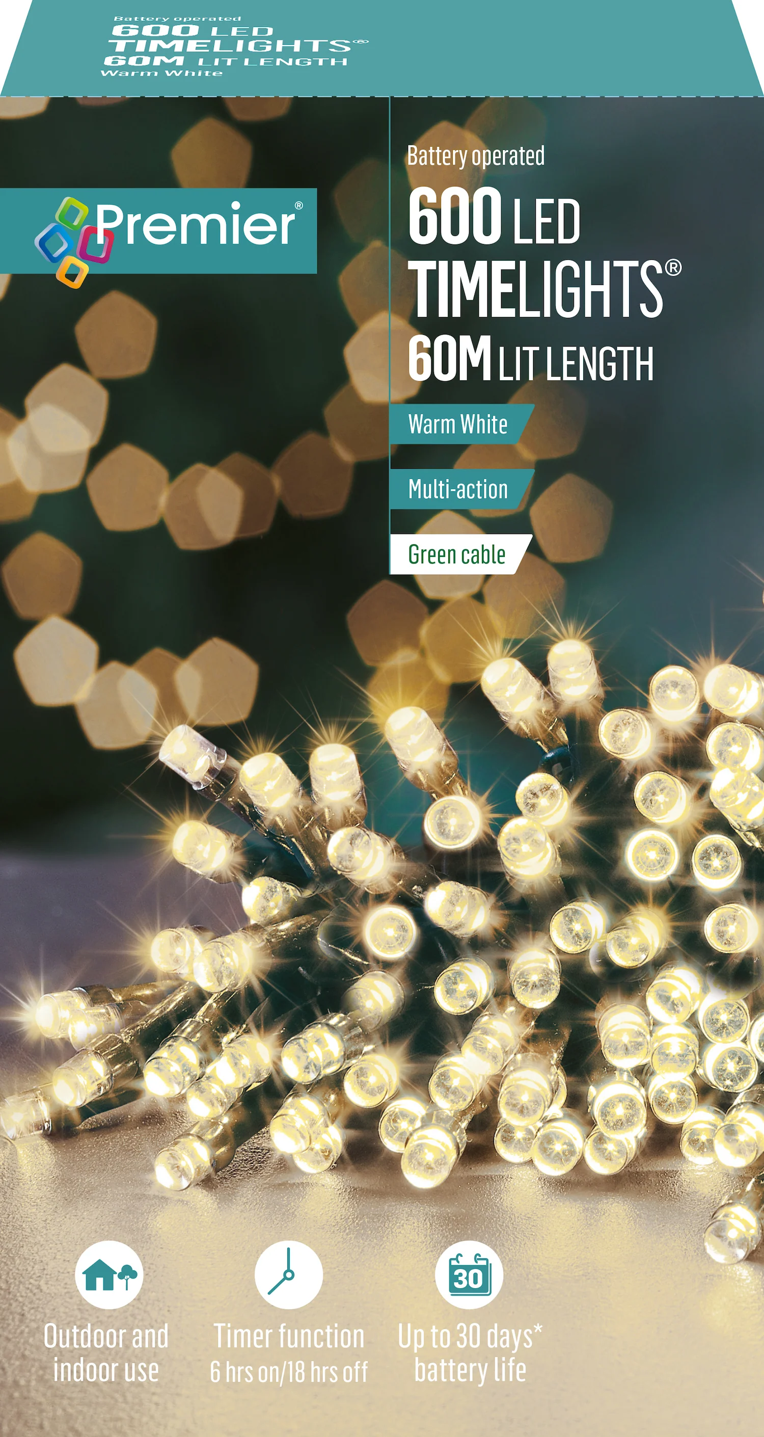 Battery Operated Multi Action Warm White LED String Time Lights Green Cable - Image 6