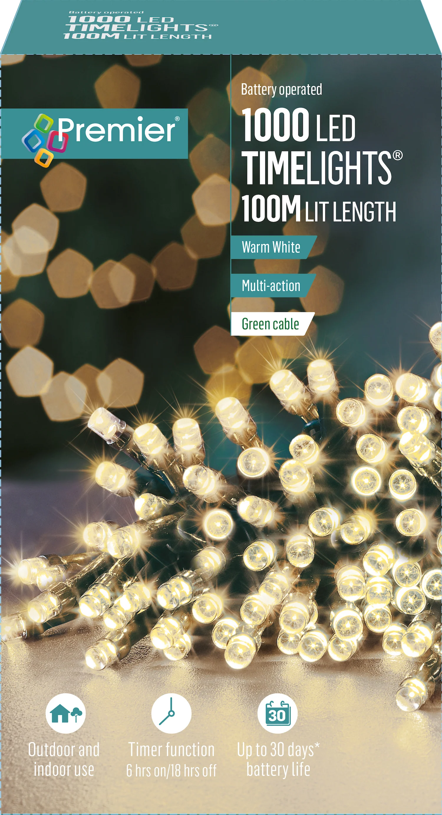 Battery Operated Multi Action Warm White LED String Time Lights Green Cable - Image 7