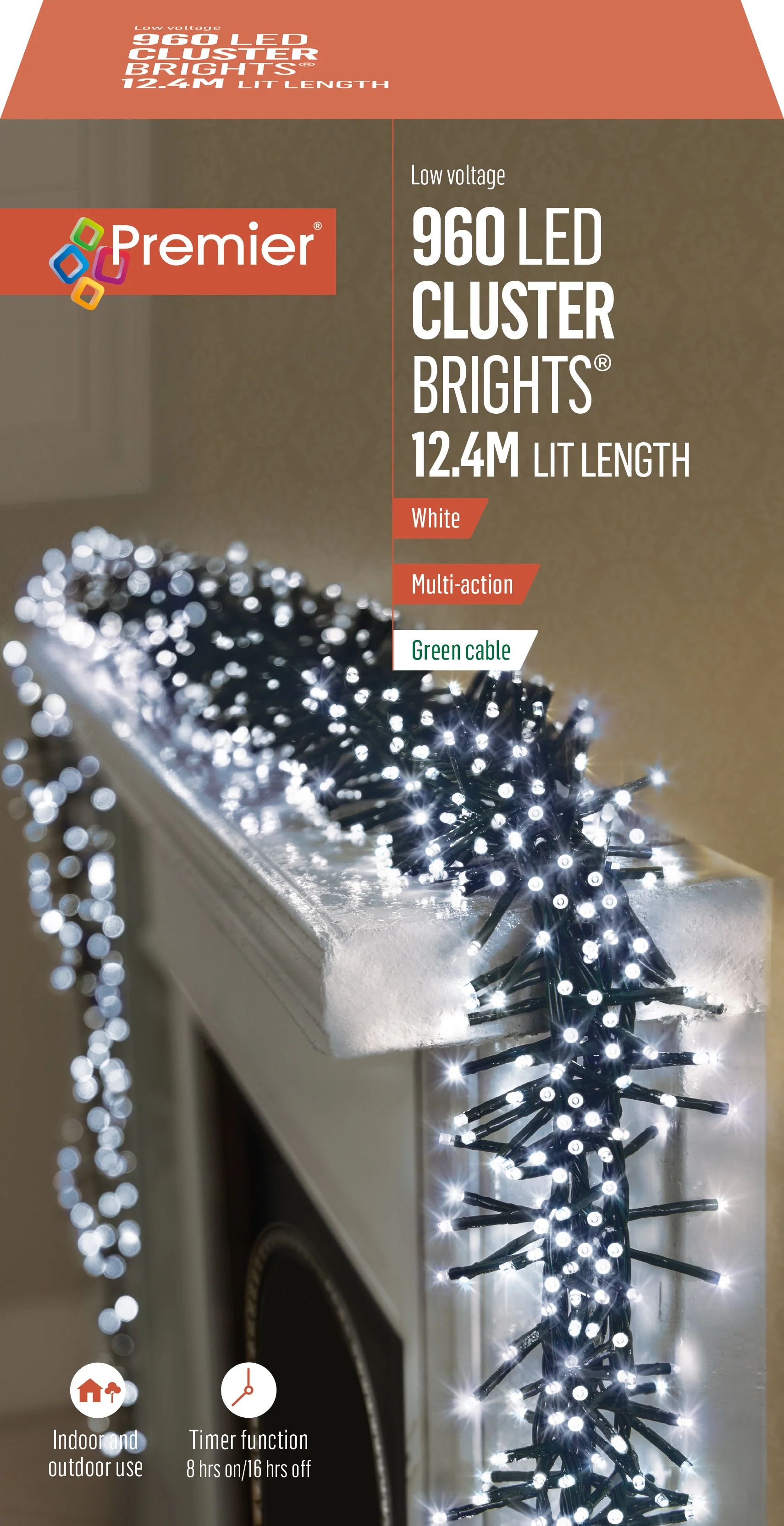 Premier - Cold / Cool White LED Multi Action Christmas Cluster Lights ClusterBrights Green Cable - Image 3