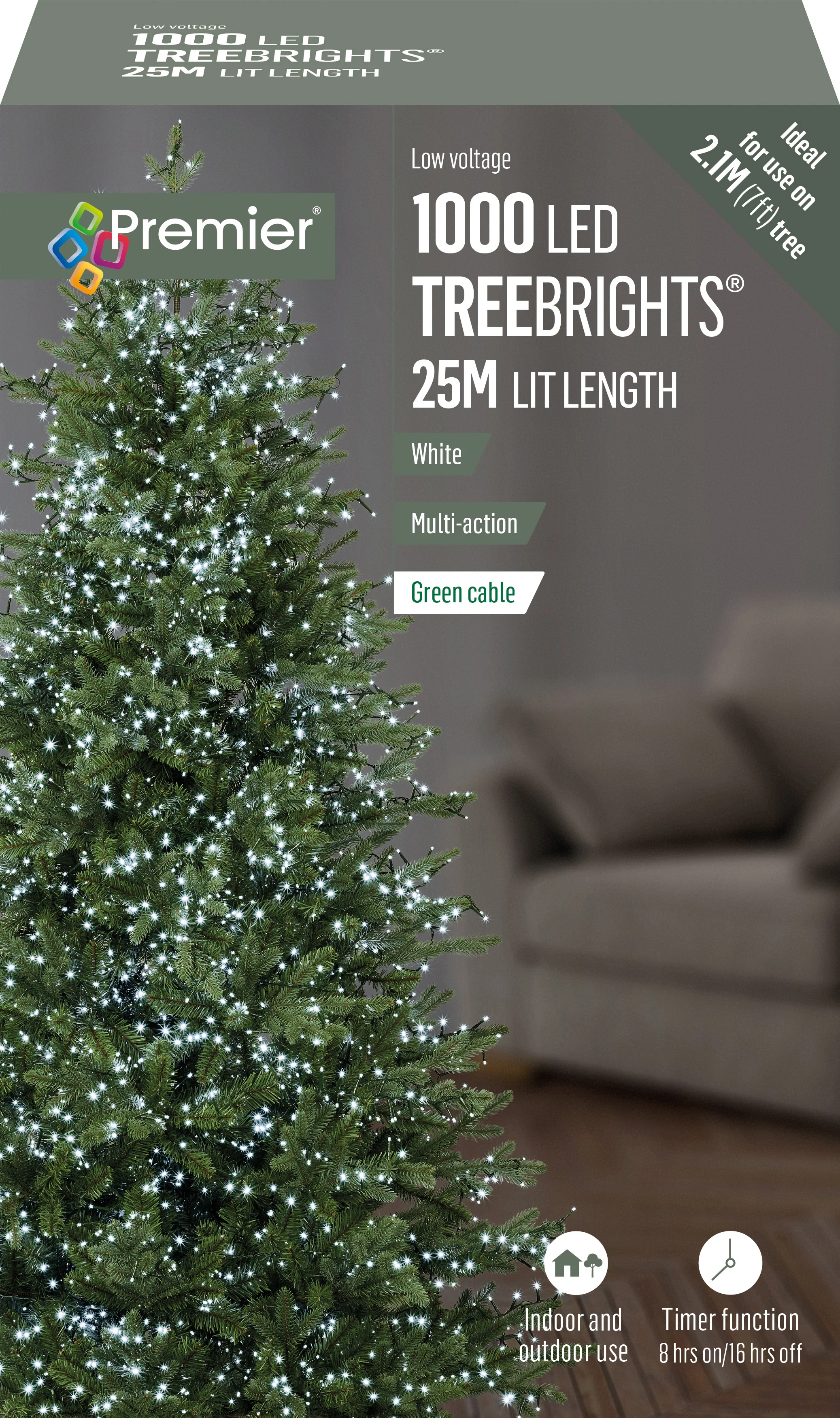 Premier Cold / Cool White Multi Action LED Tree Brights Timer Christmas Tree Lights Green Cable - Image 4