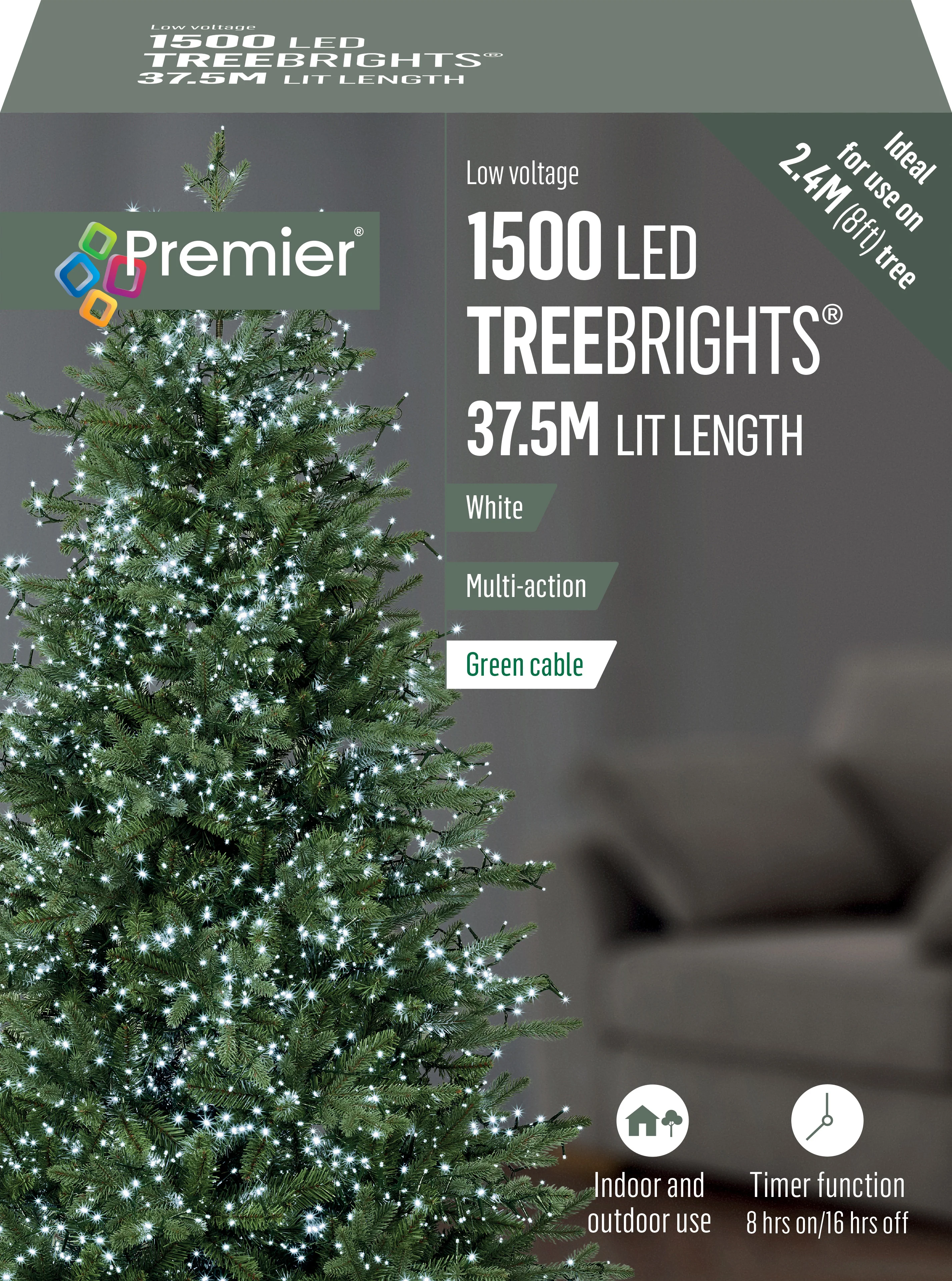 Premier Cold / Cool White Multi Action LED Tree Brights Timer Christmas Tree Lights Green Cable - Image 6