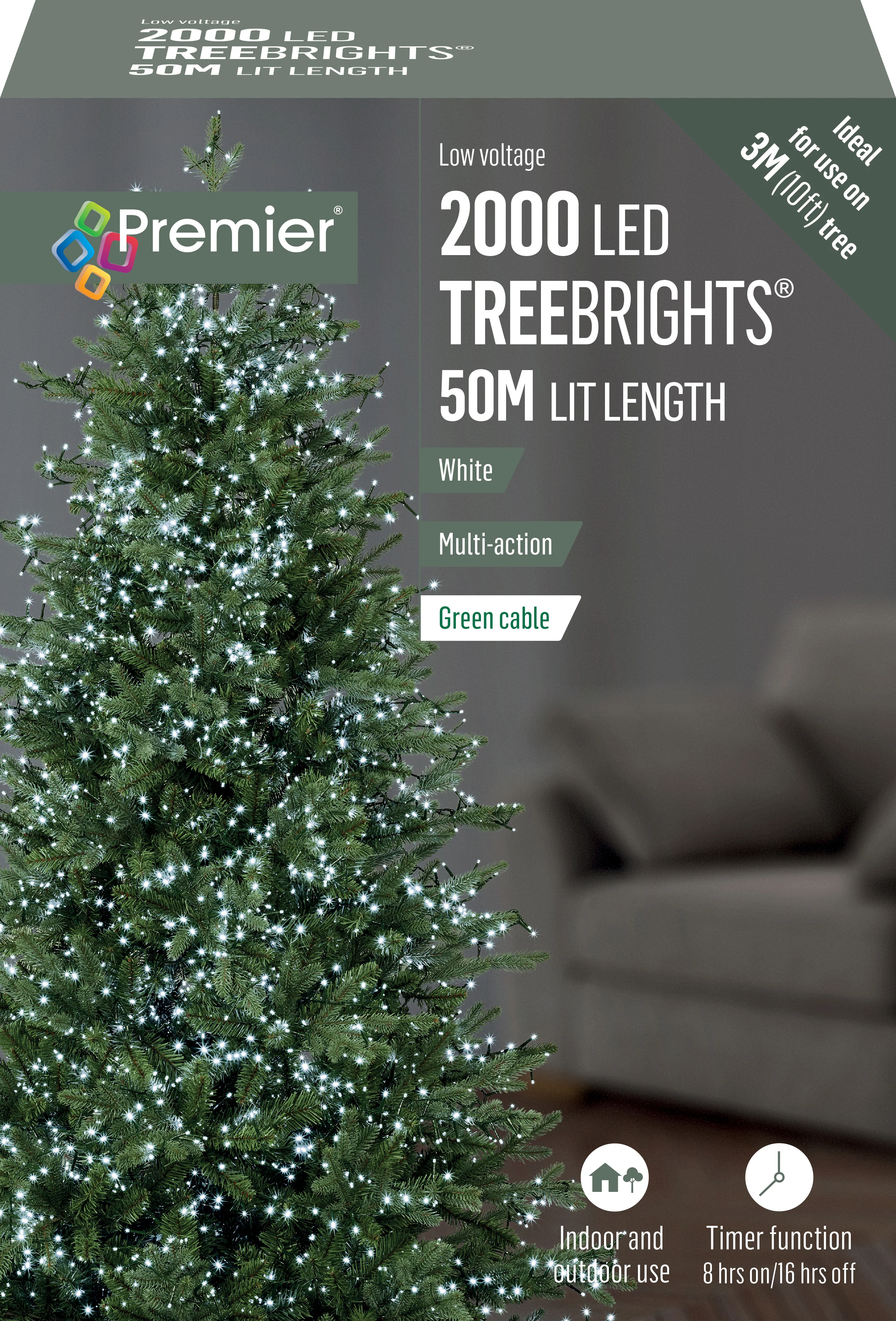 Premier Cold / Cool White Multi Action LED Tree Brights Timer Christmas Tree Lights Green Cable - Image 7