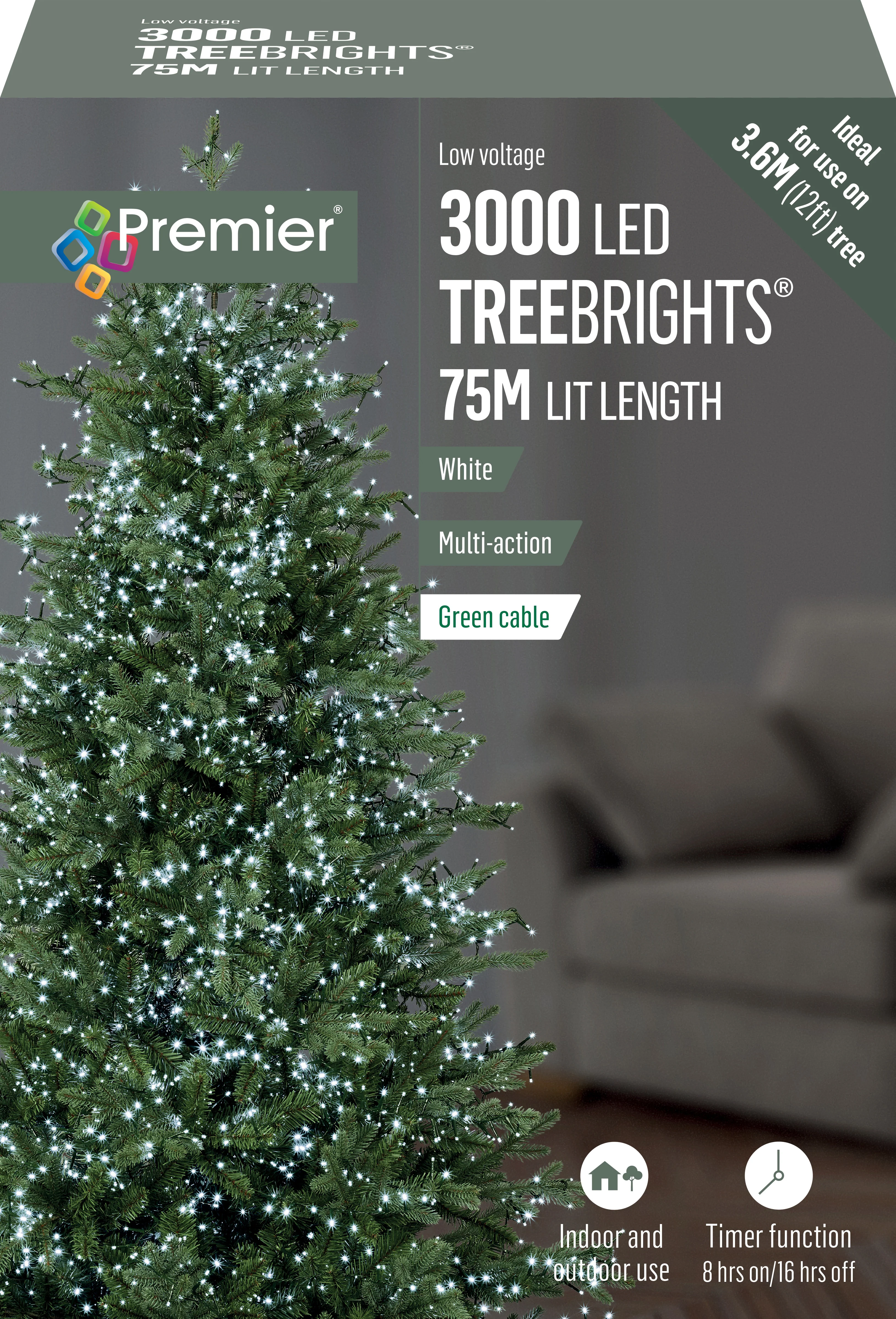 Premier Cold / Cool White Multi Action LED Tree Brights Timer Christmas Tree Lights Green Cable - Image 8