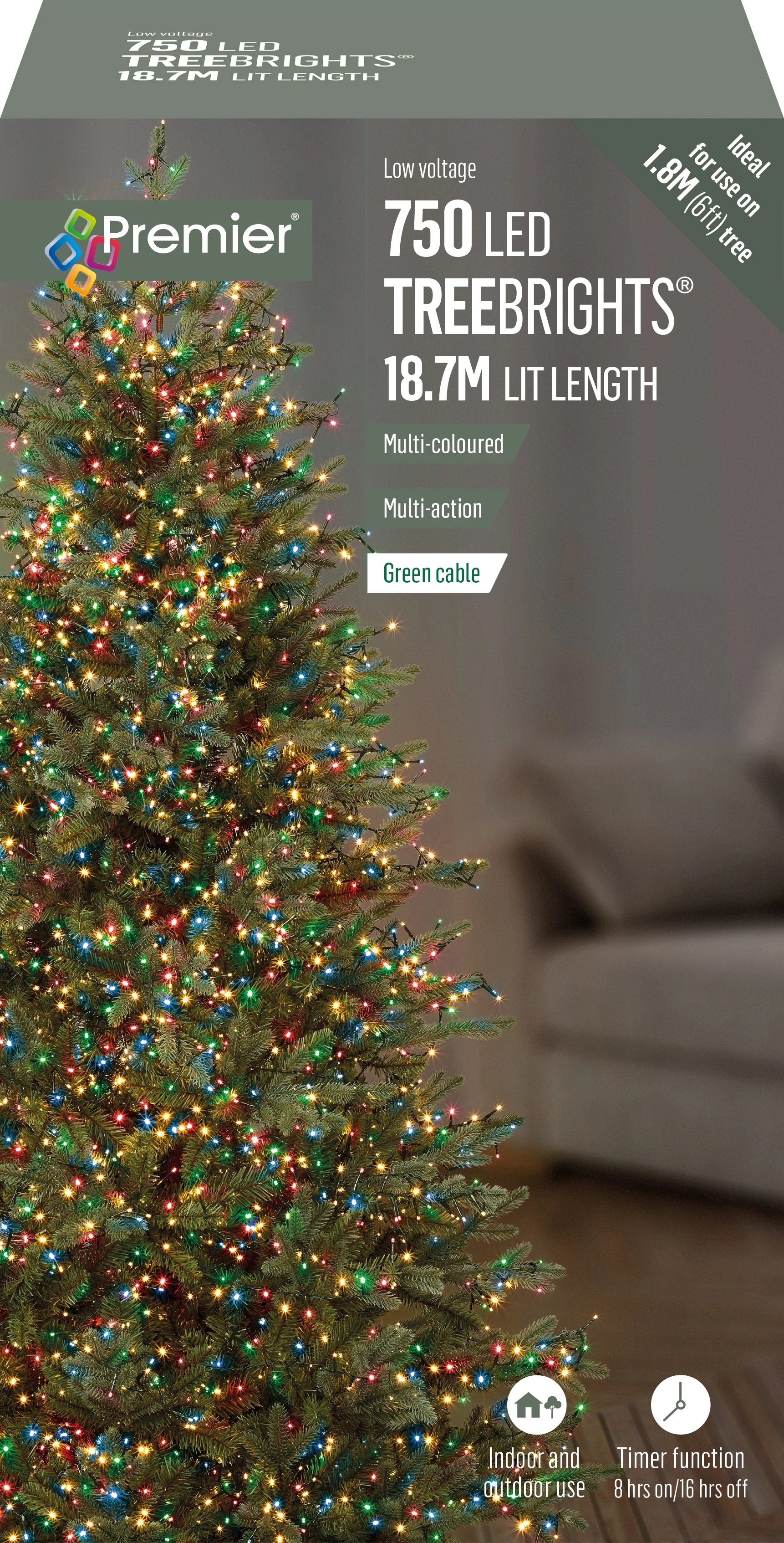Premier Multi Coloured Multi Action LED Tree Brights Timer Christmas Tree Lights Green Cable - Image 3