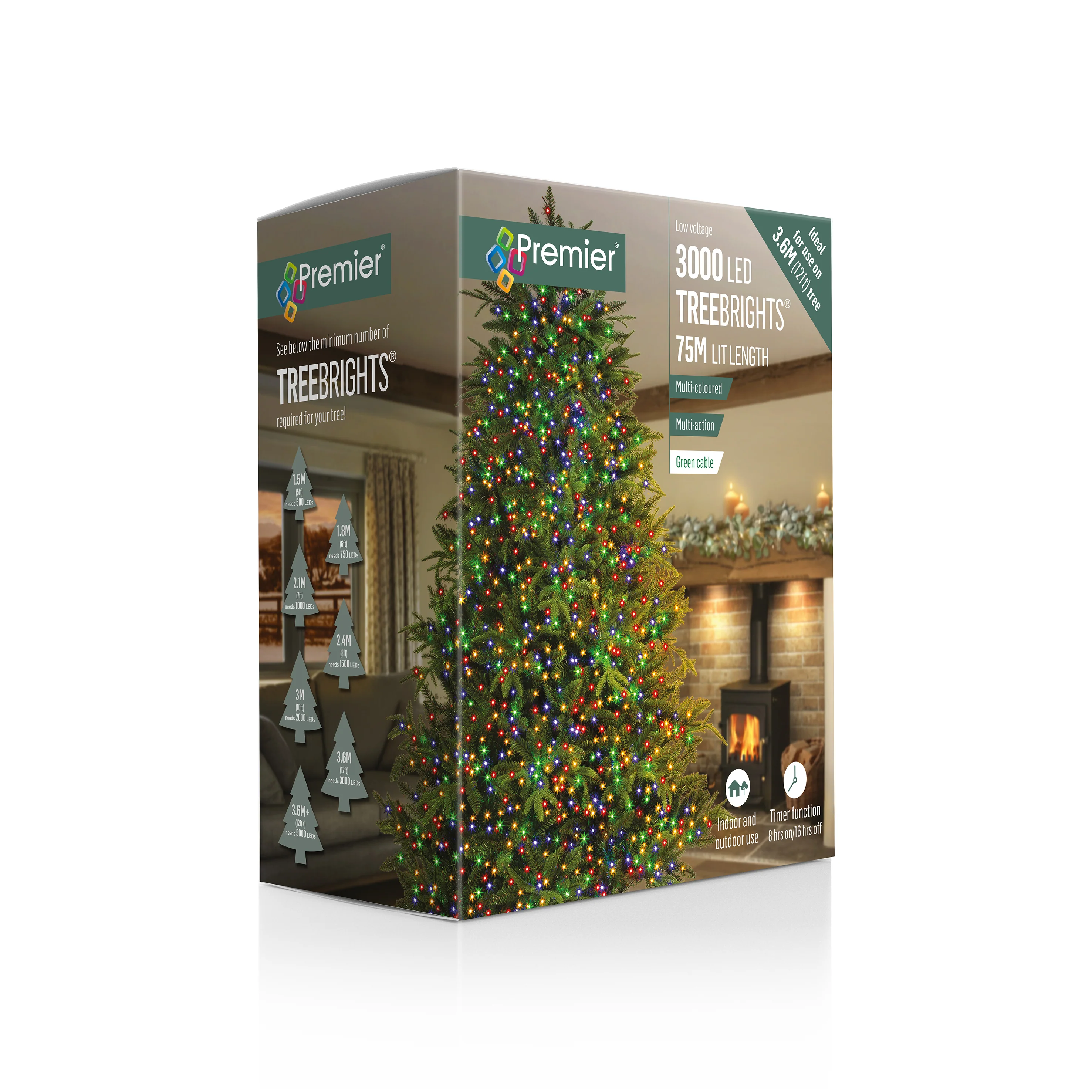 Premier Multi Coloured Multi Action LED Tree Brights Timer Christmas Tree Lights Green Cable - Image 9