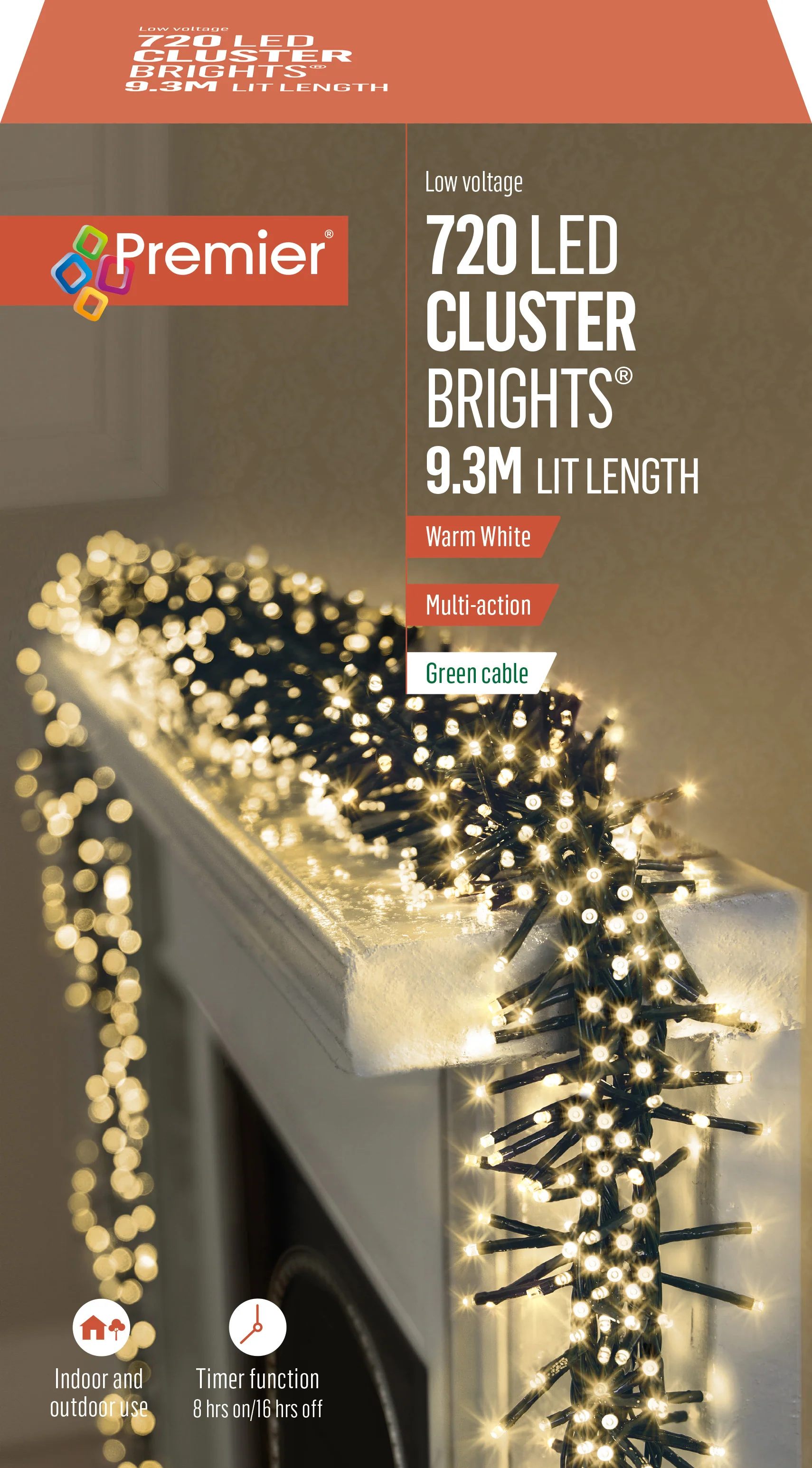 Premier Warm White LED Multi Action Christmas Cluster Lights Cluster Brights Green Cable - Image 3