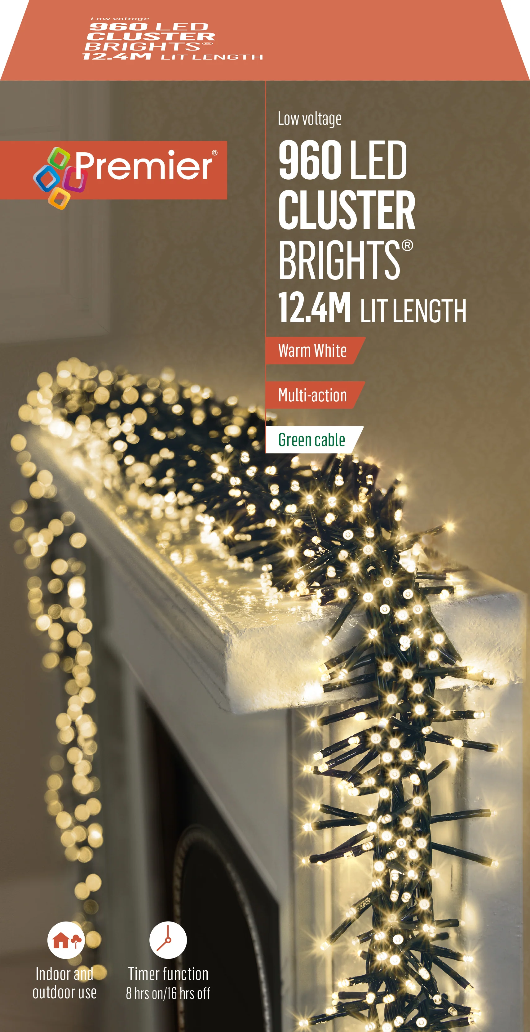 Premier Warm White LED Multi Action Christmas Cluster Lights Cluster Brights Green Cable - Image 4