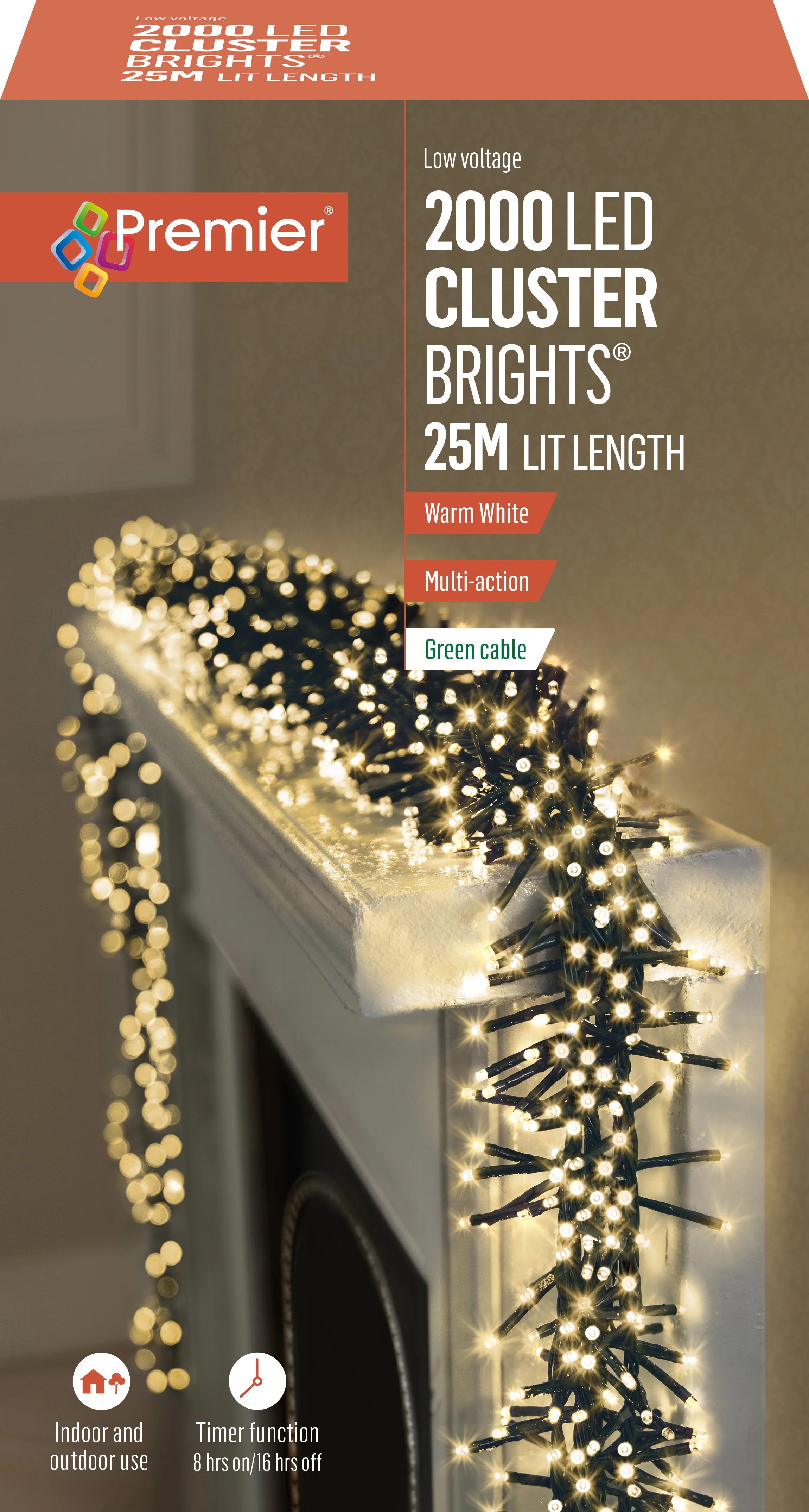 Premier Warm White LED Multi Action Christmas Cluster Lights Cluster Brights Green Cable - Image 6
