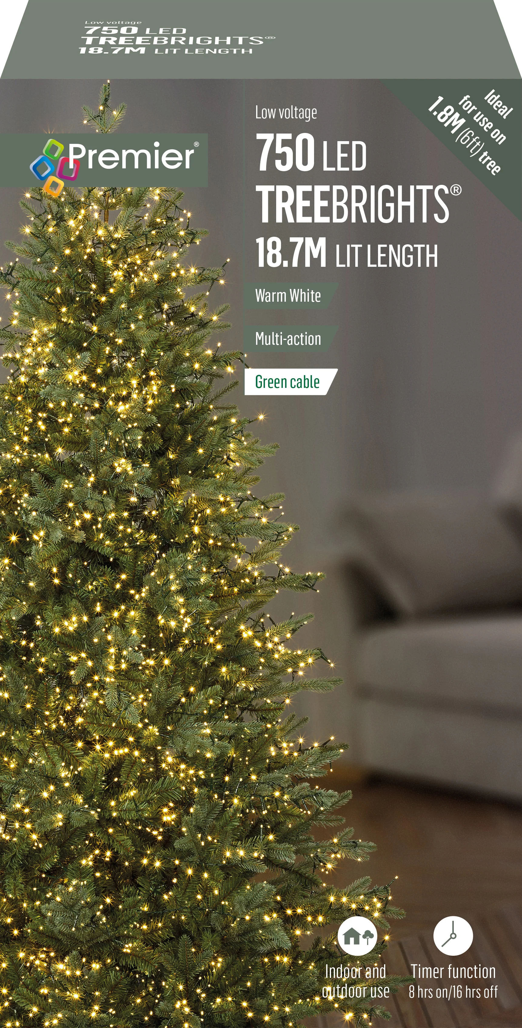 Premier Warm White Multi Action LED Tree Brights Timer Christmas Tree Lights Green Cable - Image 3