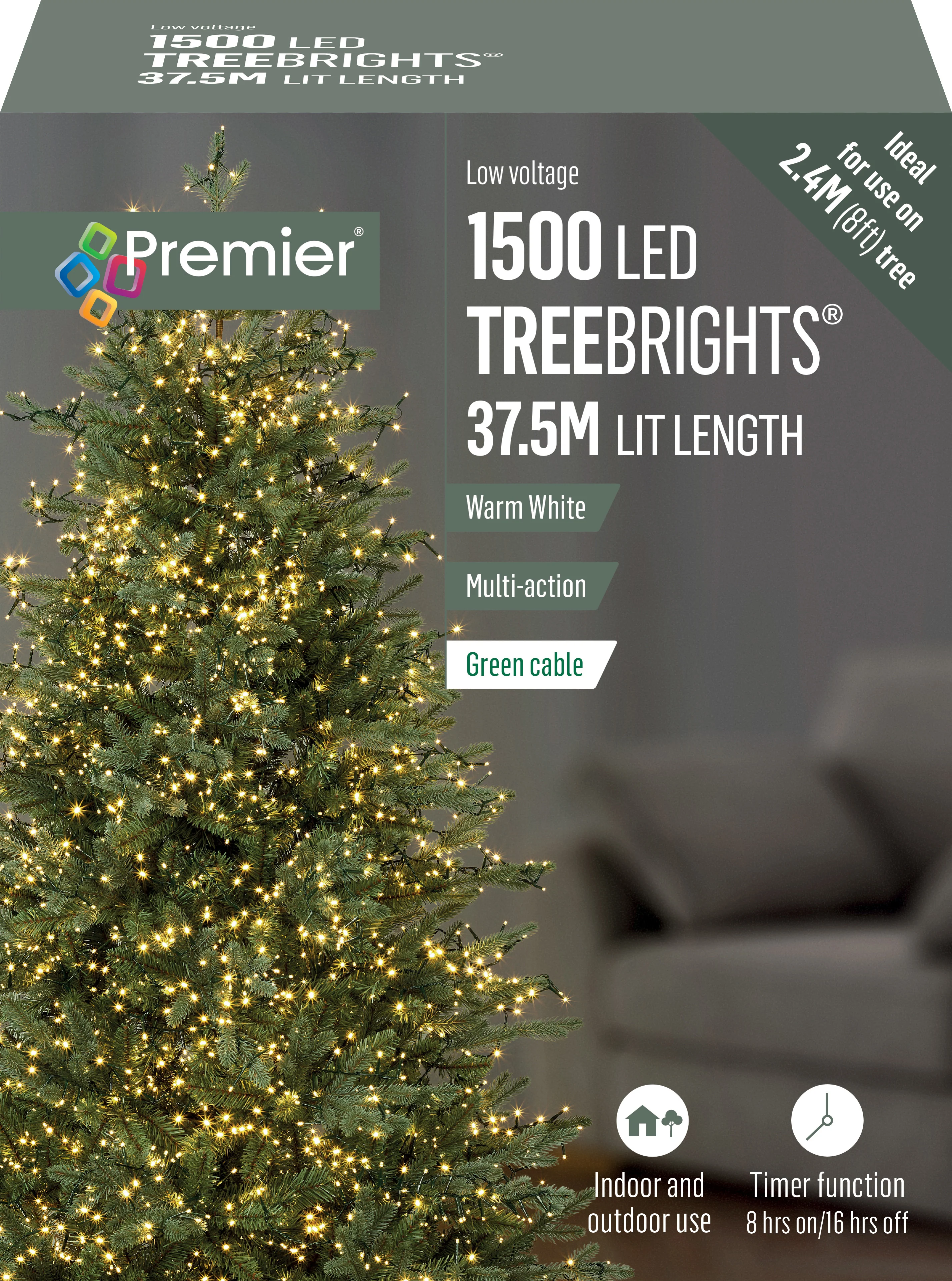 Premier Warm White Multi Action LED Tree Brights Timer Christmas Tree Lights Green Cable - Image 6