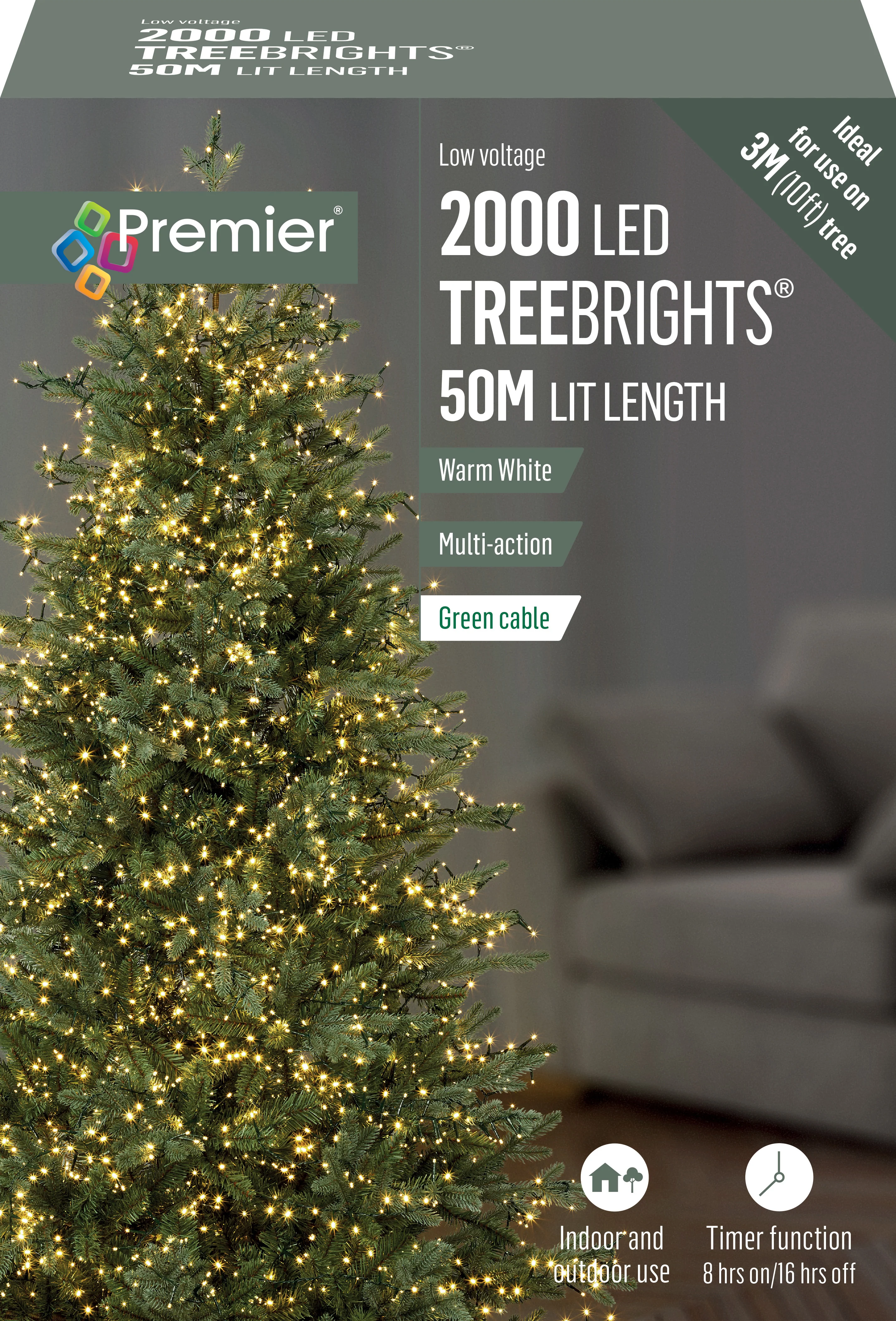 Premier Warm White Multi Action LED Tree Brights Timer Christmas Tree Lights Green Cable - Image 7