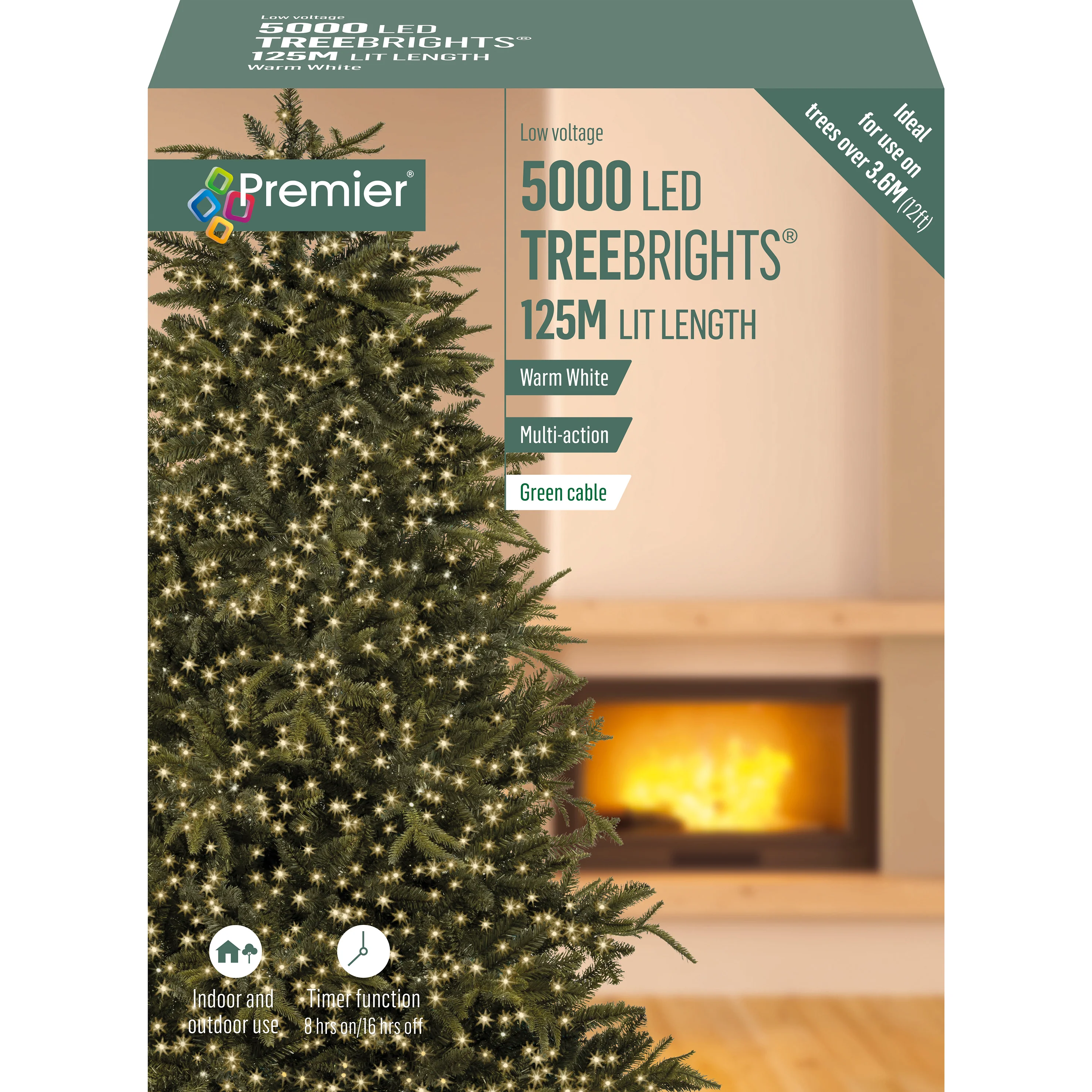 Premier Warm White Multi Action LED Tree Brights Timer Christmas Tree Lights Green Cable - Image 9